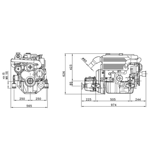 Sol&eacute; Scheepsdieselmotor Mini 62 35 HP met Technodrive keerkoppeling TM345, R=2.00:1 - 022153 04 72dpi - 9022153