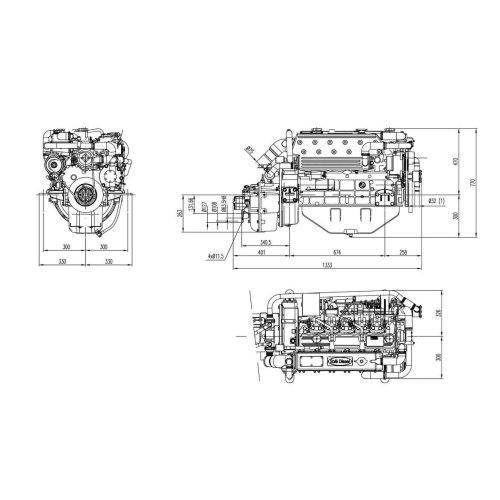 Sol&eacute; Scheepsdieselmotor SM 103 76 HP met Technodrive keerkoppeling TM93, R=2.40:1 - 022191 02 72dpi - 9022191