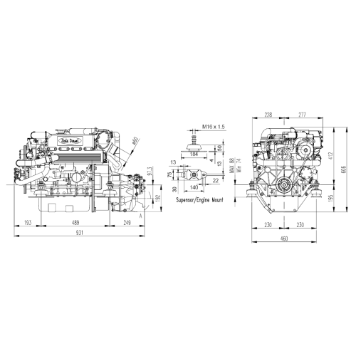 Sol&eacute; Scheepsdieselmotor Mini 55 TURBO met Technodrive keerkoppeling TM345, R=2.00:1 - 022206 dims new - 9022206
