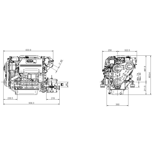 Sol&eacute; Scheepsmotor SK-60 met Technodrive keerkoppeling TM345, R=2:1 - 022348 dims - 9022349