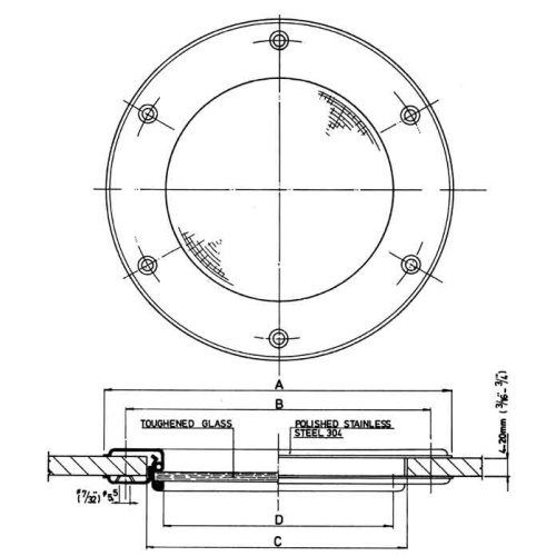 RVS patrijspoort, &Oslash;265mm, vast model met gehard glas, gatmaat &Oslash;220mm - 048990 1 72dpi - 9048995