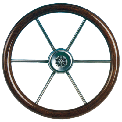 6-Spaaks stuurwiel 'Leader Wood' RVS met mahoniehouten rand, &Oslash;360mm, diepte 95,4mm - 062111 72dpi - 9062111