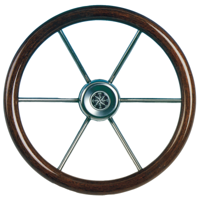6-Spaaks stuurwiel 'Leader Wood' RVS met teakhouten rand, &Oslash;360mm, diepte 95,4mm - 062111 t 72dpi - 9062111/T