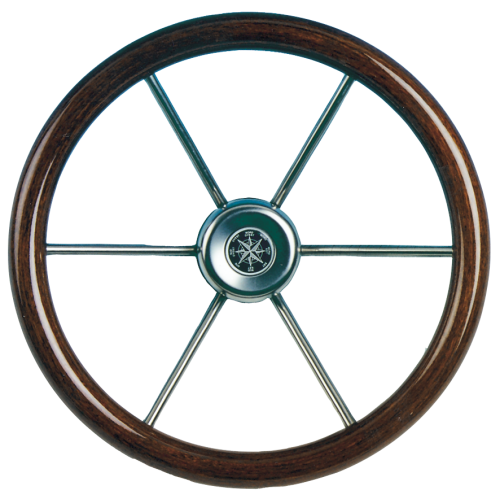 6-Spoke Wheel 'Leader Wood' Stainless Steel with Mahogany Rim, &Oslash;550mm, Depth 70,2mm - 062116 72dpi - 9062116