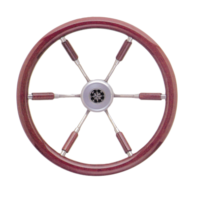 6-Spaaks stuurwiel 'Leader Prestige' RVS met mahoniehouten rand en deels spaken, &Oslash;360mm, diepte 95,4mm - 062118 72dpi - 9062118