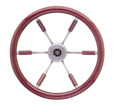 6-Spoke Wheel 'Leader Prestige' Stainless Steel with Mahogany Rim And Part Of The Spokes, &Oslash;380mm, Depth 95,4mm - 062119 72dpi - 9062119