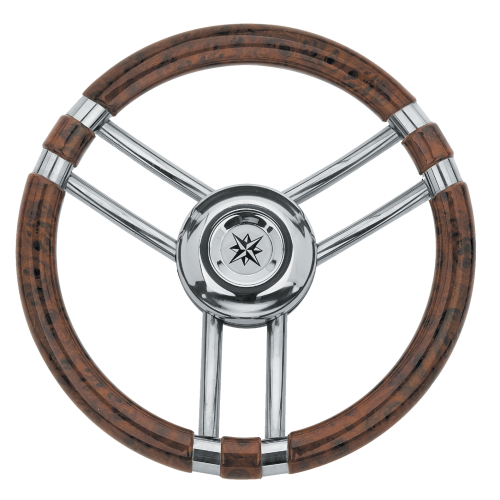 3-Spaaks stuurwiel 'model 22' RVS met Wortelnotenhout-look rand, &Oslash;350mm, diepte 60mm - 068711 72dpi - 9068711