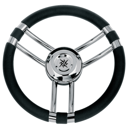 3-Spoke Wheel 'Model 22' Stainless Steel With Black Polyurethane Rim, &Oslash;350mm, Depth 60mm - 068712 72dpi - 9068712