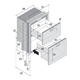 RVS inbouwvrieslade, ice maker & koeler 'Sea Drawer' model 'DW210DTX IM', 104l & 78l, 12/24V, int. compressor - 075822tek 72dpi - 9075822