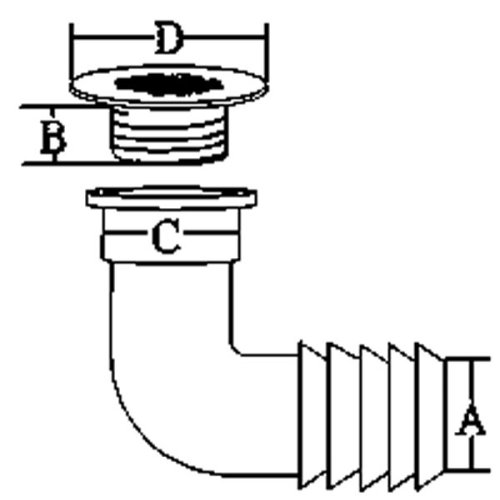 RVS afvoer 90&deg; met rooster, afm. A=38mm, B=33mm, C=63mm, D=90mm (plastic bocht) - 078688 01 72dpi - 9078688