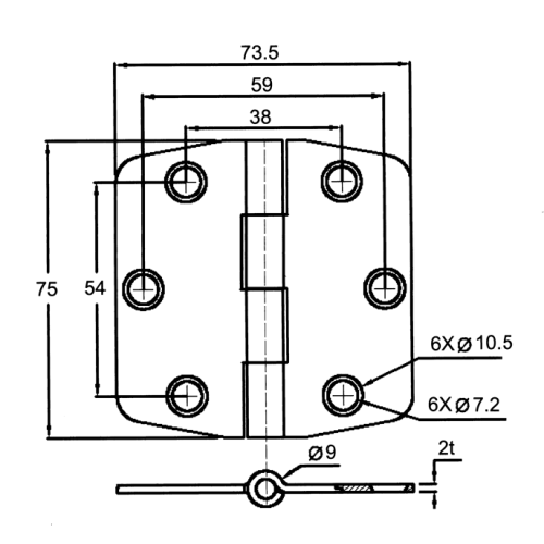 RVS Afgedekt scharnier verzonken, 75x74x3mm - 098118 1 72dpi - 9098118
