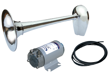Verchroomde messing scheepshoorn + compressor, 1-tonig, &Oslash;200mm, 12V (123dB(A)-630Hz) met keur - 905045 1 - 905045