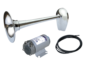 Verchroomde messing scheepshoorn + compressor, 1-tonig, &Oslash;200mm, 12V (123dB(A)-630Hz) met keur - 905045 - 905045