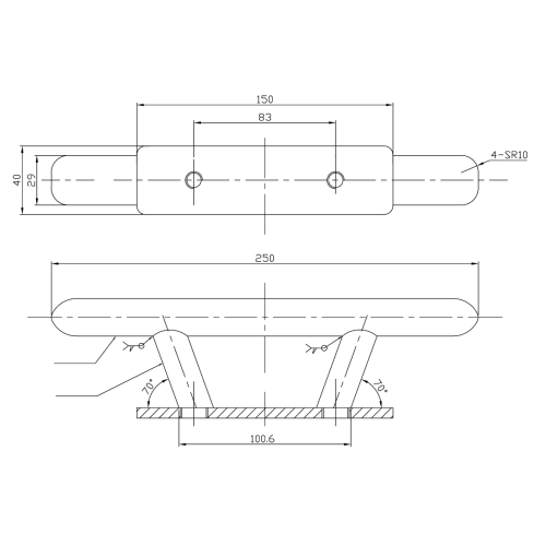 Niro Ovale Klampe, Bolzenmontage (&Oslash;10mm), A=250mm, B=42mm, C=150mm, D=72mm, E=83mm, F=41mm - 9078831 1 1 - 9078831