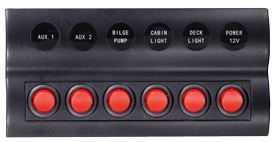 Schakelpaneel, 12V, 6-schakelaars & LED-indicators, Auto Fuse, afm. 183x90mm, waterdicht, 2x5A, 2x10A, 2x15A zekeringen - L0611186 72dpi - L0611186